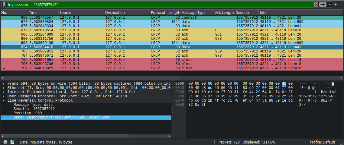 a screenshot of the Wireshark program with colorful highlighting applied to LRCP packets of different types